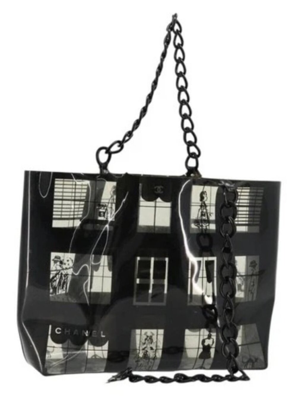CHANEL Windows Line Chain Shoulder Tote Bag Vinyl Black Silver CC Auth BA12235